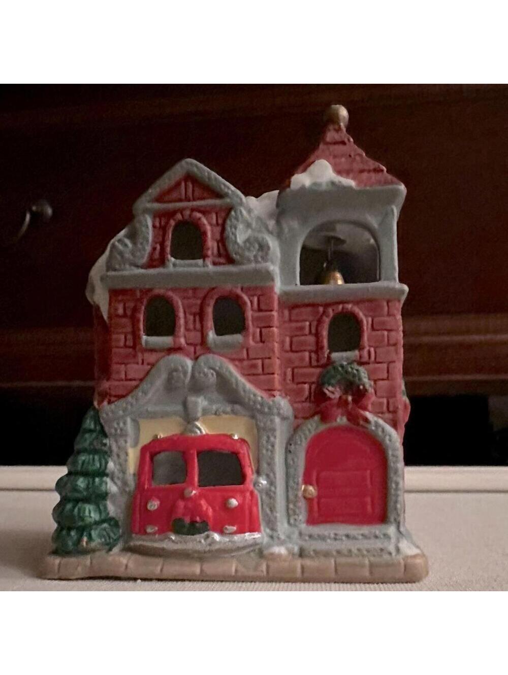Vintage Ceramic Christmas Village brick firehouse w bell.